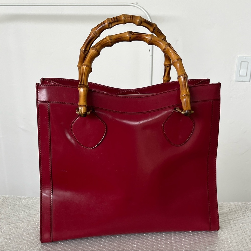Authentic Vintage Gucci Red Patent Leather Tote Bag with Bamboo Handles Tom Ford